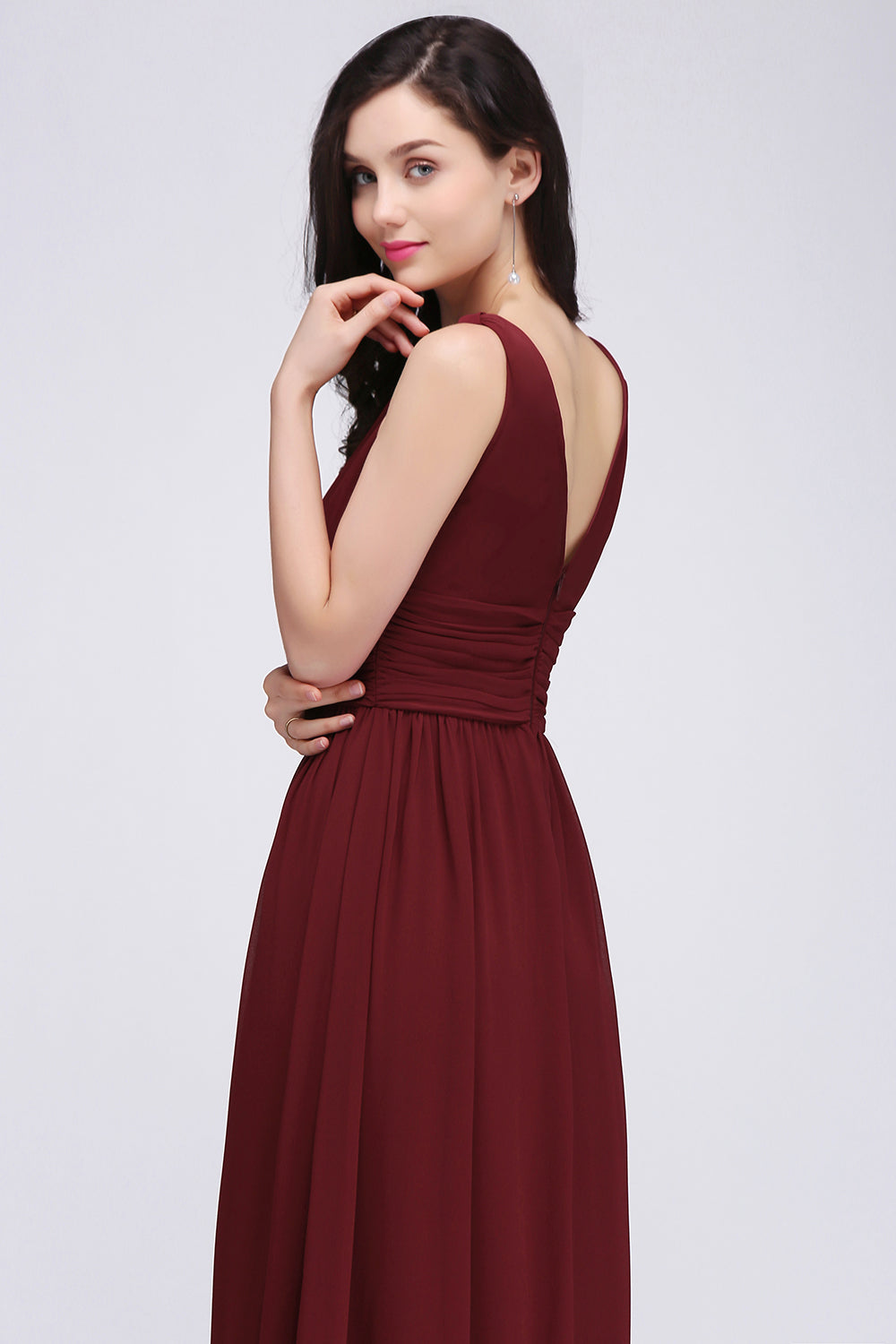 Burgundy Long V-Neck Sleeveless Chiffon Bridesmaid Dress Online-27dress