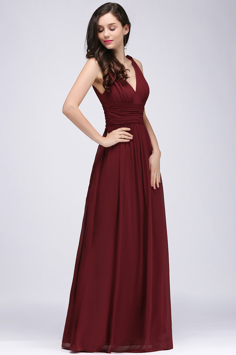 Burgundy Long V-Neck Sleeveless Chiffon Bridesmaid Dress Online-27dress