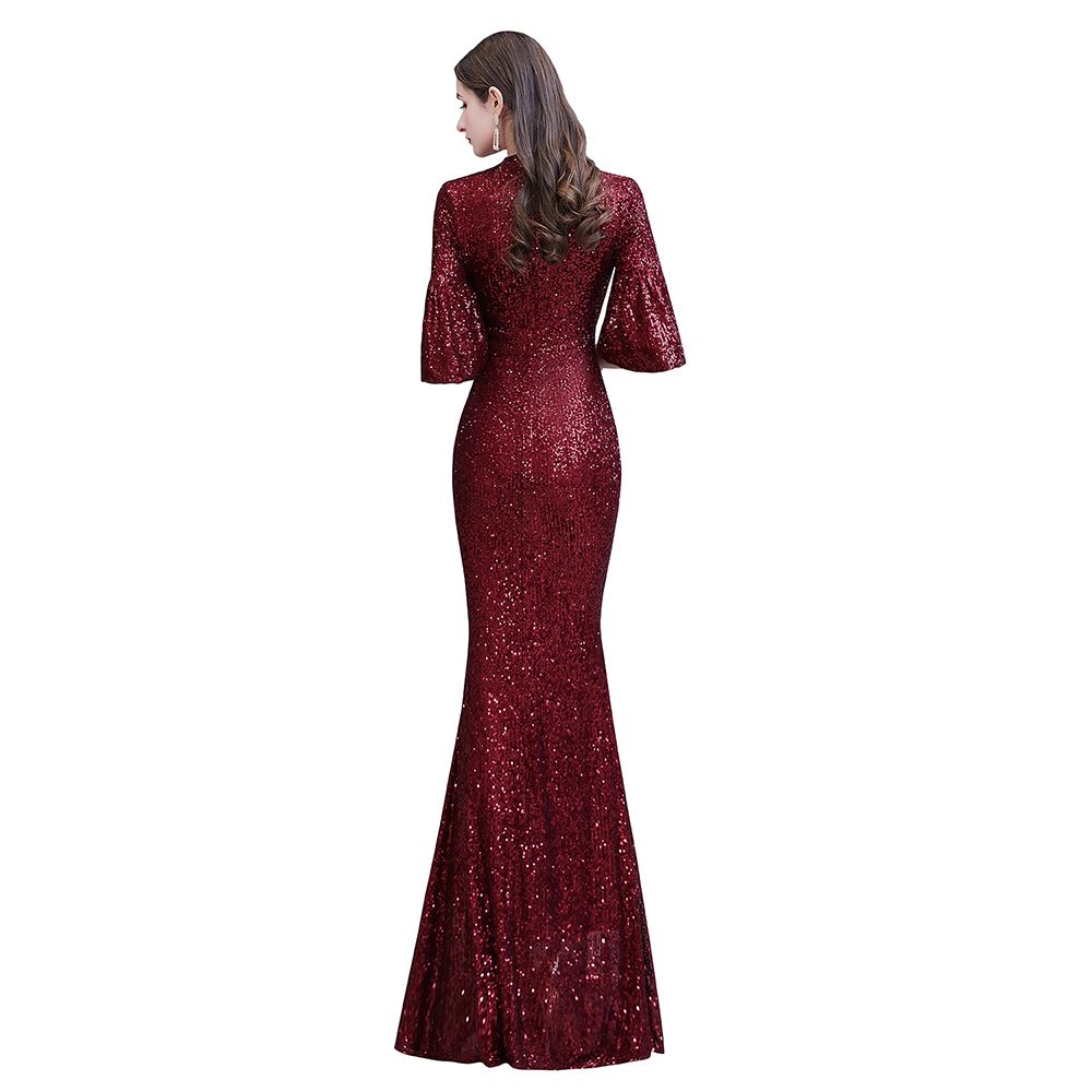 Burgundy Short Sleeve Sequins Long Prom Dress-27dress