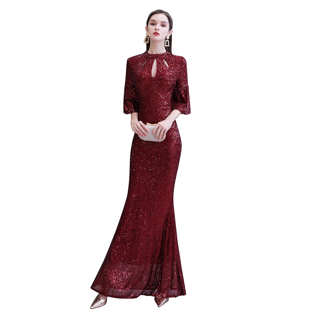 Burgundy Short Sleeve Sequins Long Prom Dress-27dress