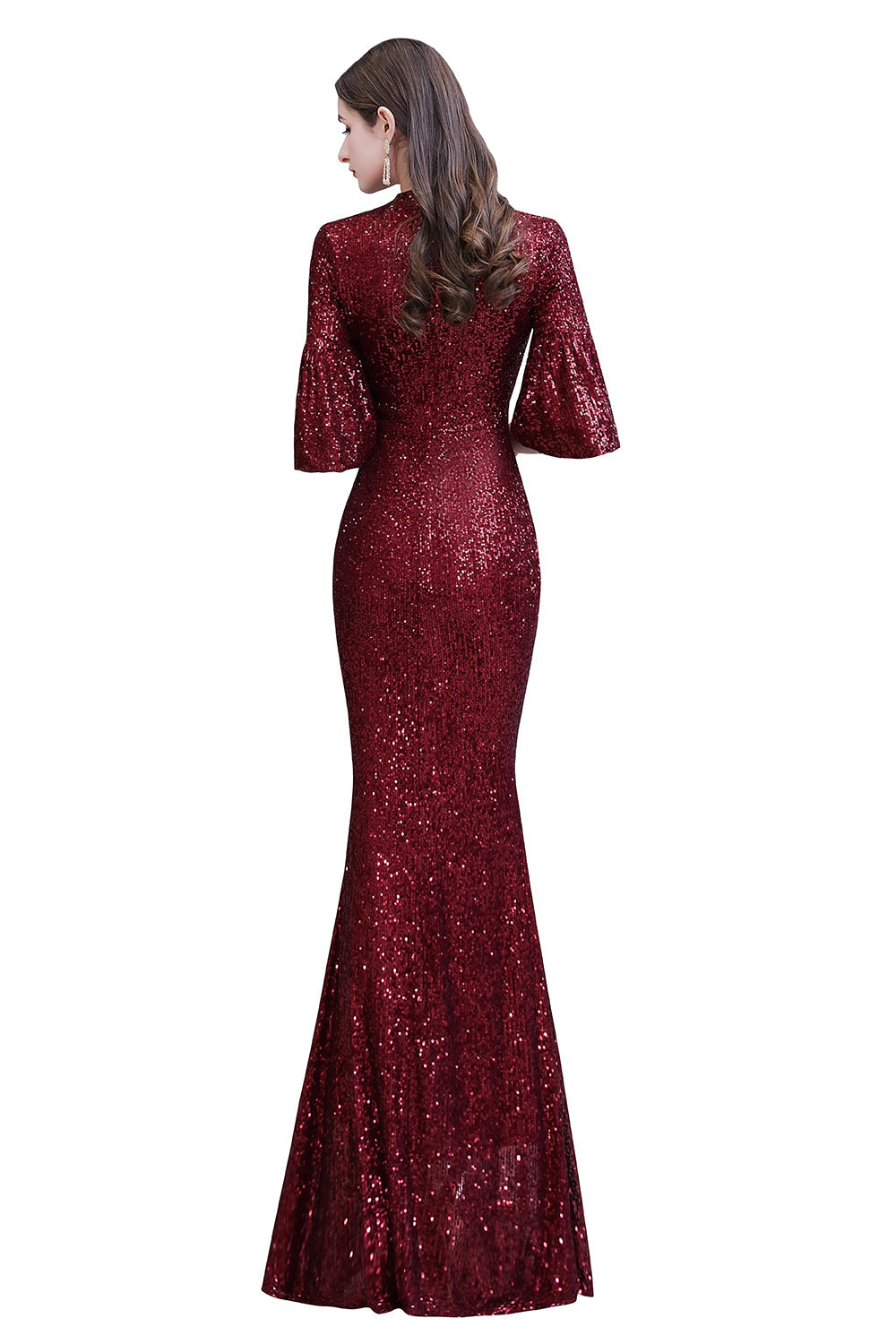 Burgundy Short Sleeve Sequins Long Prom Dress-27dress