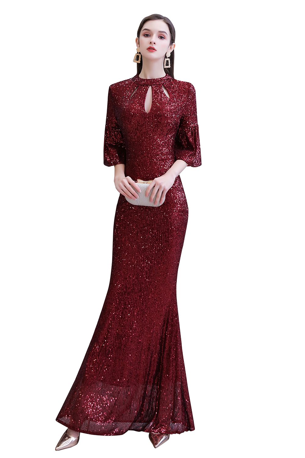 Burgundy Short Sleeve Sequins Long Prom Dress-27dress