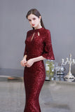 Burgundy Short Sleeve Sequins Long Prom Dress-27dress