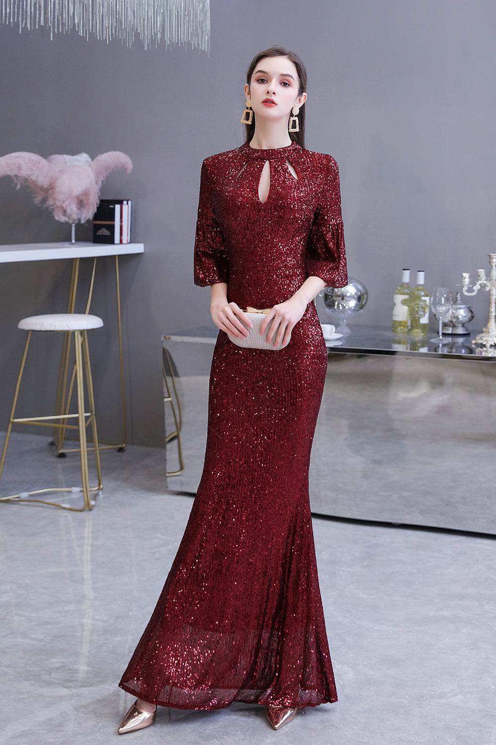 Burgundy Short Sleeve Sequins Long Prom Dress-27dress