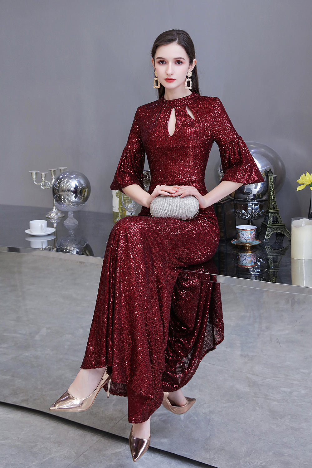 Burgundy Short Sleeve Sequins Long Prom Dress-27dress