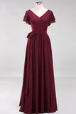 Burgundy V-Neck Long Bridesmaid Dress With Short-Sleeves-27dress