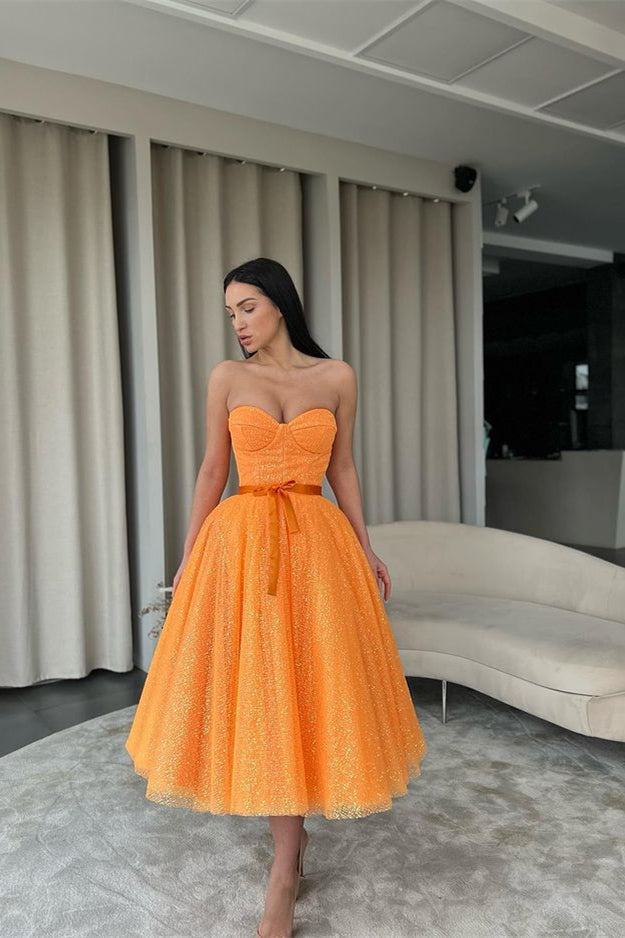 Sweetheart Orange Short Evening Dress with Sequins and Belt