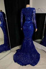 Royal Blue Long Sleeve Sequined Evening Dress with V Neck Mermaid Style