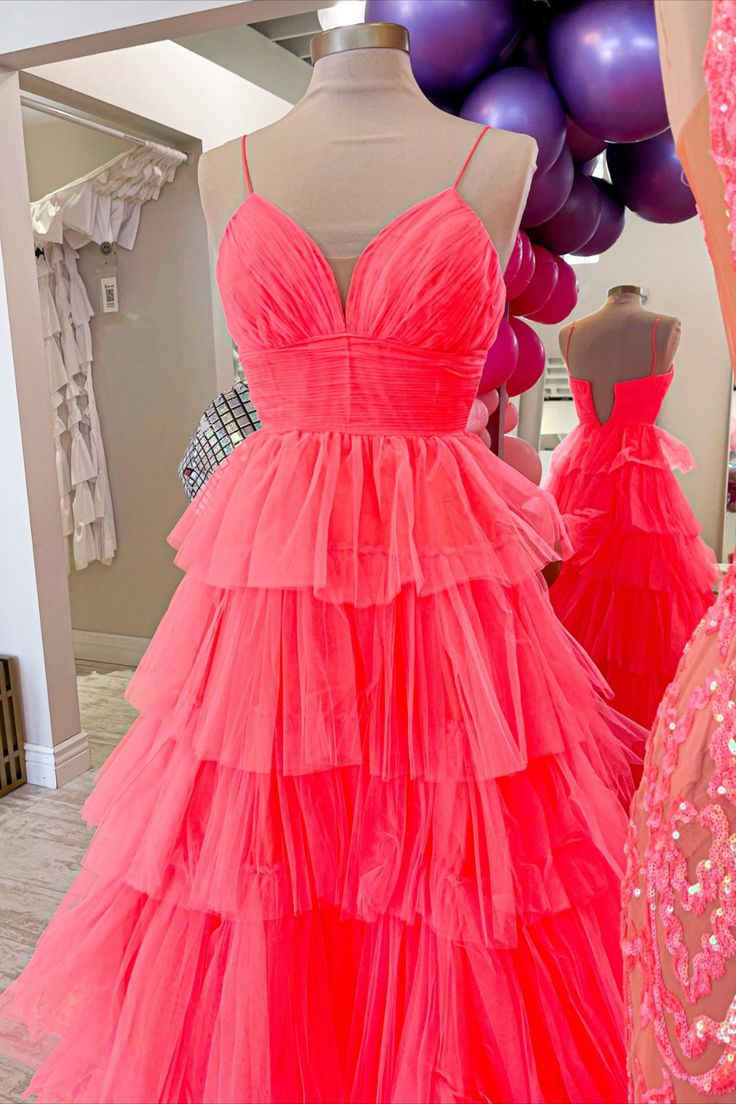 Candy Pink V-Neck Tulle Tiered Long Prom Dress