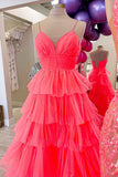 Candy Pink V-Neck Tulle Tiered Long Prom Dress