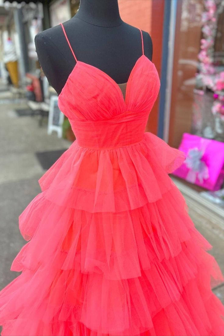 Candy Pink V-Neck Tulle Tiered Long Prom Dress