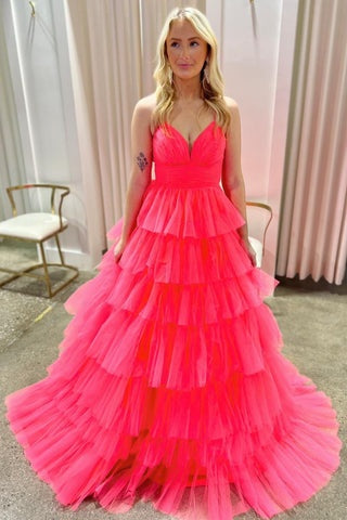 Candy Pink V-Neck Tulle Tiered Long Prom Dress