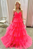 Candy Pink V-Neck Tulle Tiered Long Prom Dress