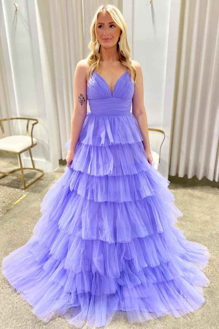 Candy Pink V-Neck Tulle Tiered Long Prom Dress