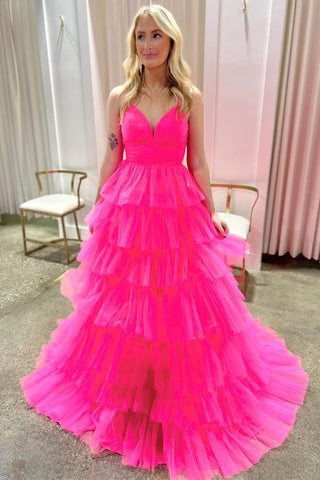 Candy Pink V-Neck Tulle Tiered Long Prom Dress