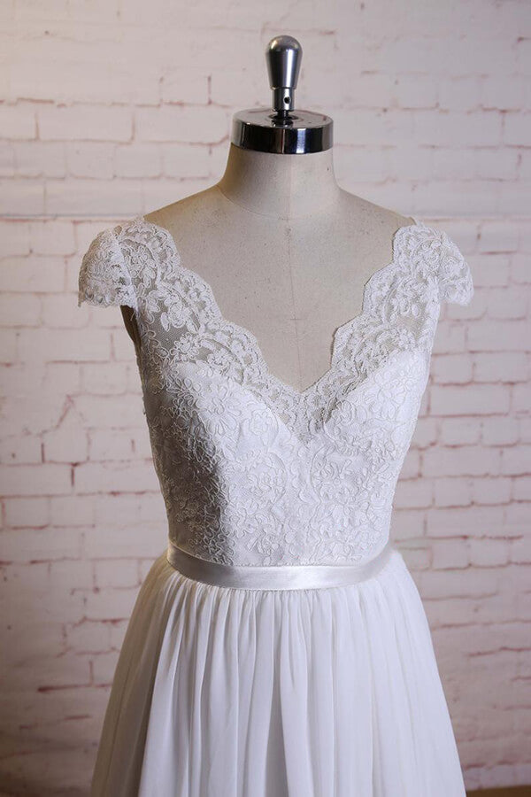 Cap Sleeve A-line Lace Chiffon Wedding Dress On Sale-27dress