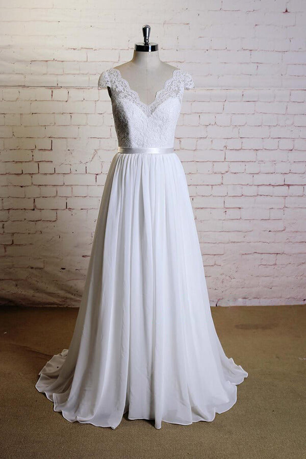 Cap Sleeve A-line Lace Chiffon Wedding Dress On Sale-27dress