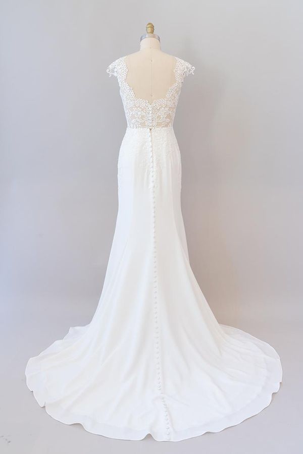 Cap Sleeve Illusion Lace Sheath Wedding Dress On Sale-27dress