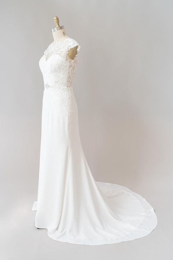 Cap Sleeve Illusion Lace Sheath Wedding Dress On Sale-27dress