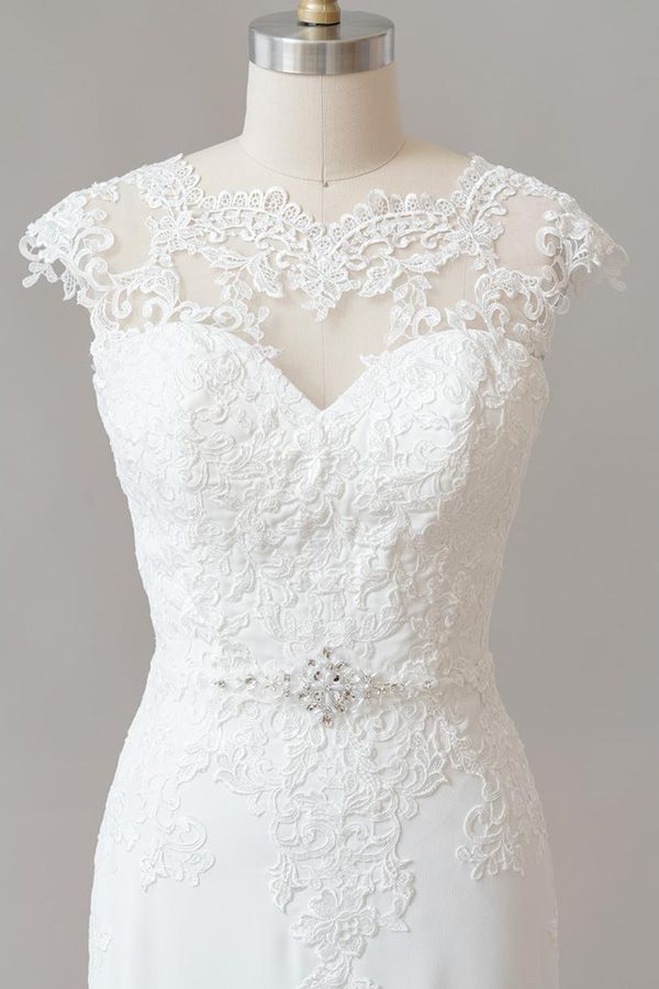 Cap Sleeve Illusion Lace Sheath Wedding Dress On Sale-27dress