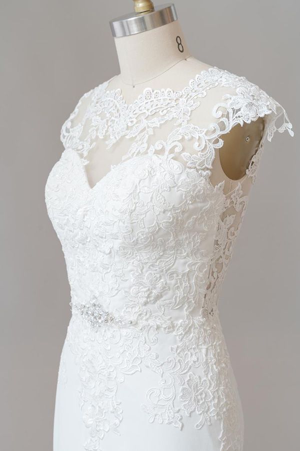 Cap Sleeve Illusion Lace Sheath Wedding Dress On Sale-27dress