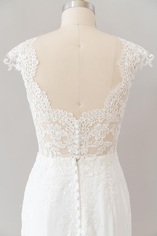 Cap Sleeve Illusion Lace Sheath Wedding Dress On Sale-27dress