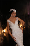 Cap Sleeveless Wedding Dress Mermaid Lace V-Neck-27dress