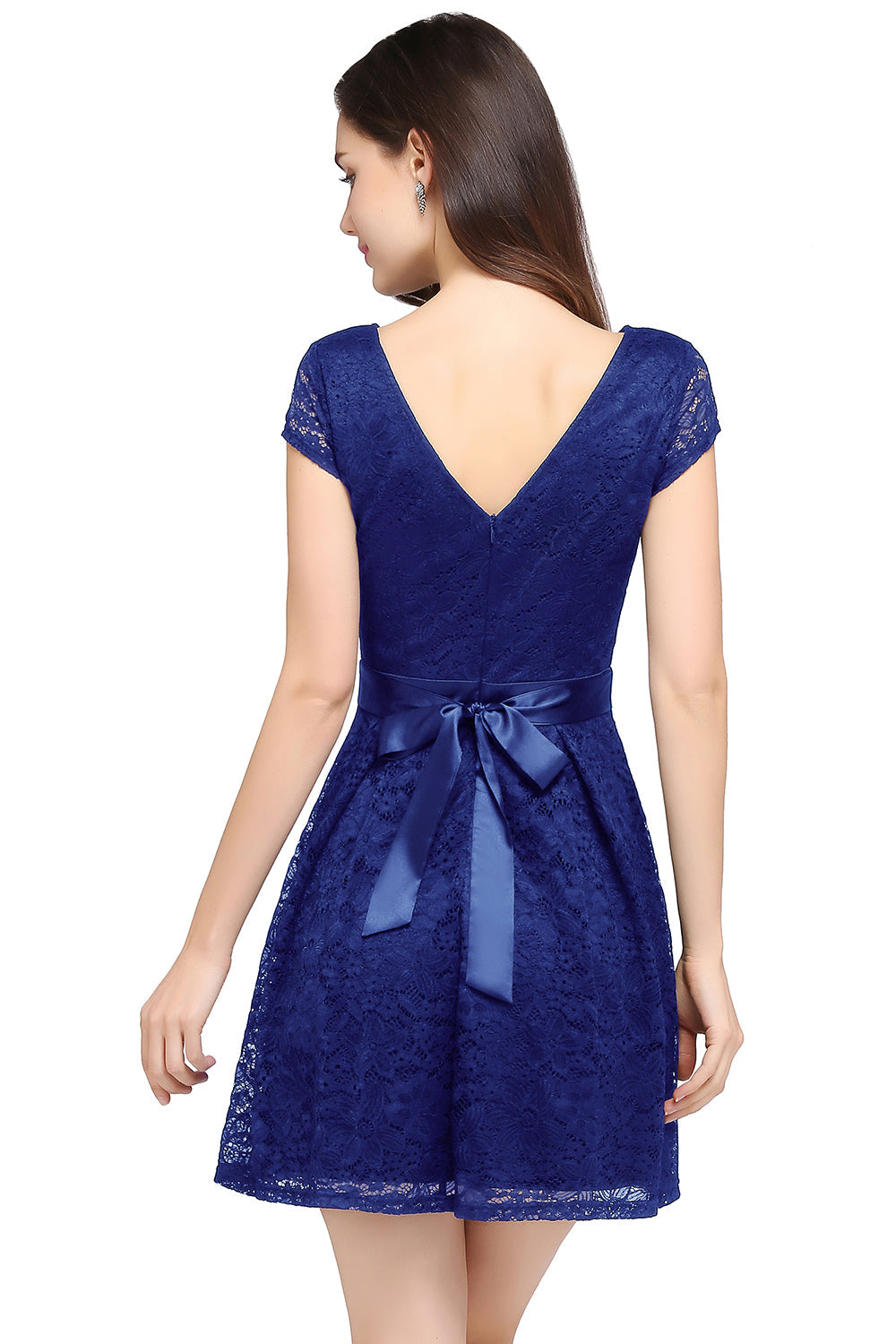 Cap Sleeves Lace A line Short Bridesmaid Dress with Bow-27dress