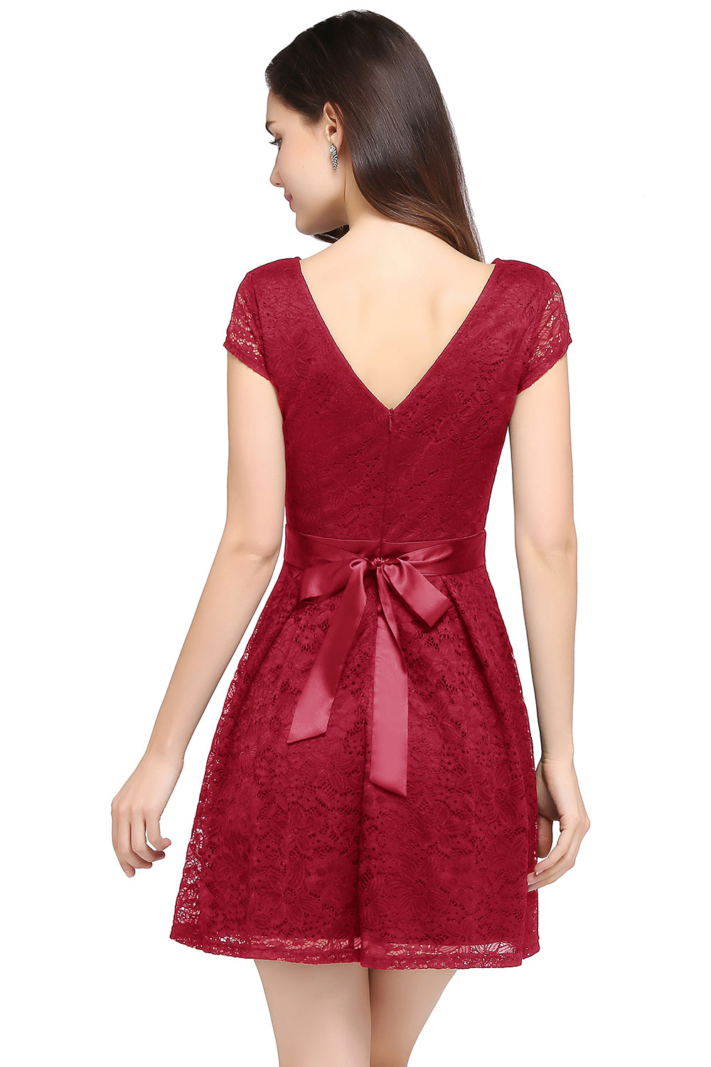 Cap Sleeves Lace A line Short Bridesmaid Dress with Bow-27dress