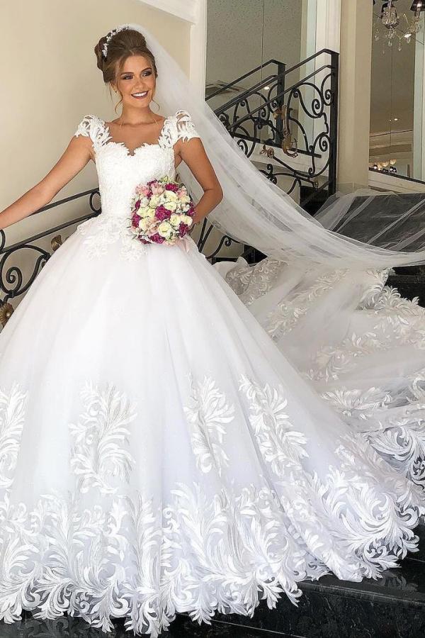 Cap Sleeves Lace Applqiues Wedding Dress Ball Gown Princess Bridal Wear-27dress