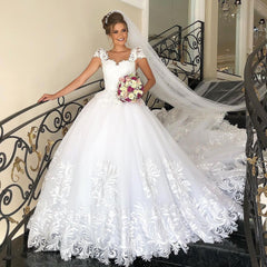 Cap Sleeves Lace Applqiues Wedding Dress Ball Gown Princess Bridal Wear-27dress