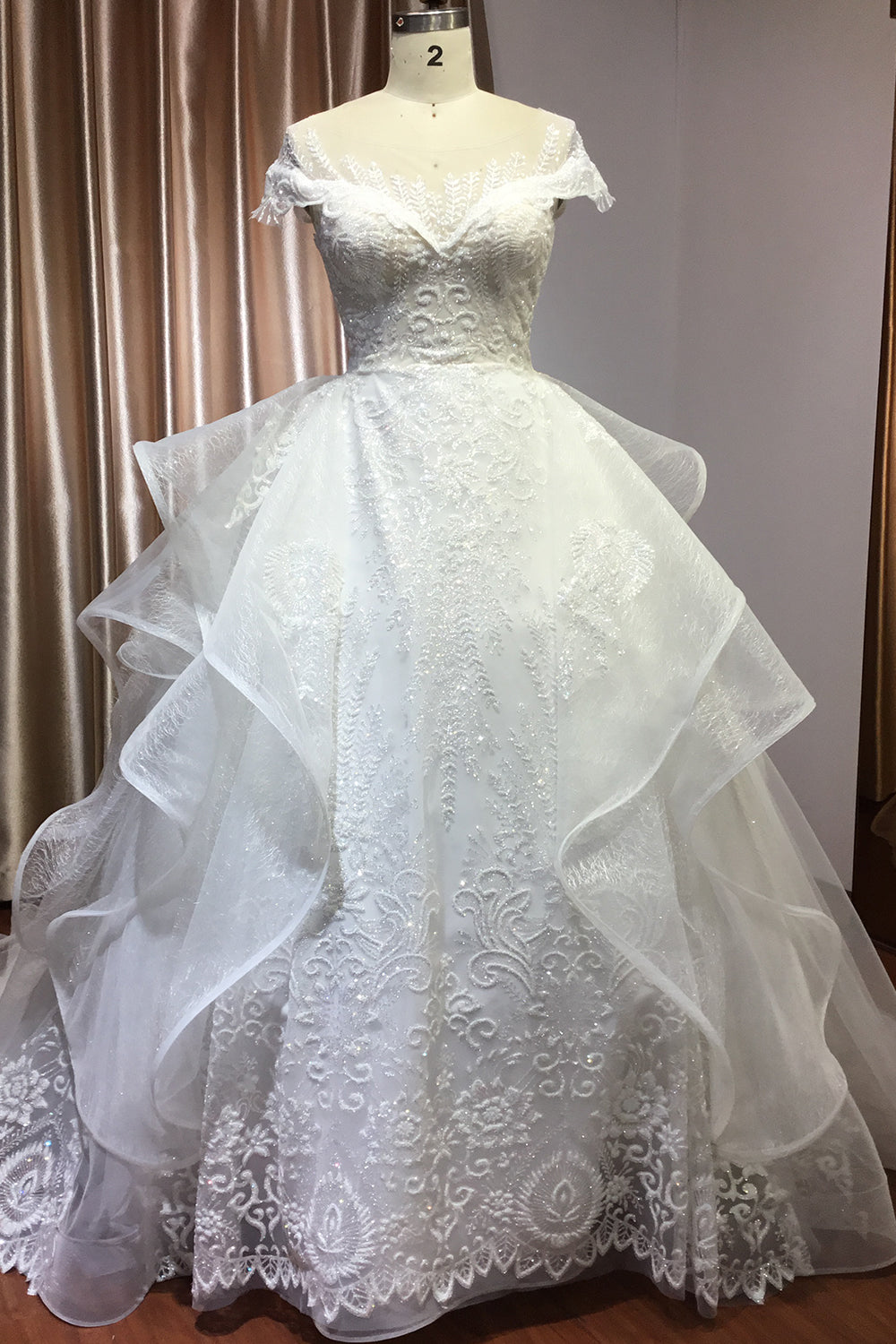 Cap Sleeves Ruffle Wedding Dress Ball Gown With Lace-27dress