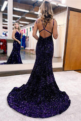 Chic Sequins Long Evening Dress with V Neck Spaghetti Straps