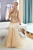 Champagne Long Mermaid Jewel Beading Sequins Evening Dresses-27dress