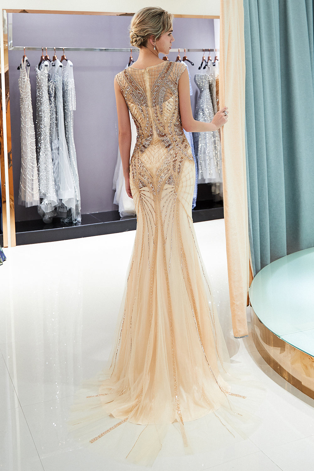 Champagne Long Mermaid Jewel Beading Sequins Evening Dresses-27dress