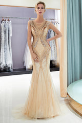 Champagne Long Mermaid Jewel Beading Sequins Evening Dresses-27dress