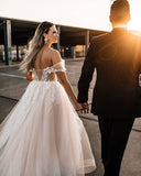 Champagne Off-the-Shoulder Beach Wedding Dress Tulle With Appliques-27dress