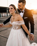 Champagne Off-the-Shoulder Beach Wedding Dress Tulle With Appliques-27dress