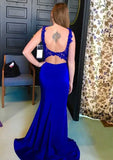 Charmeuse Prom Dress With Split Lace | Sheath/Column V Neck Sleeveless Court Train-27dress