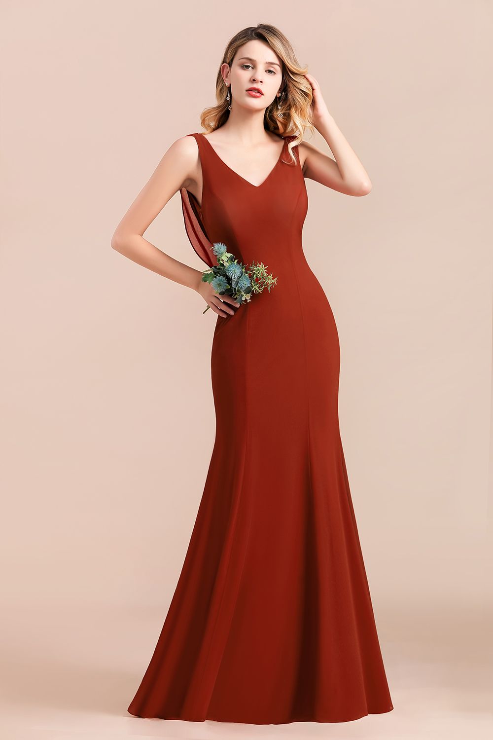 Charming Mermaid V-Neck Drapped Back Bridesmaid Dress Online-27dress