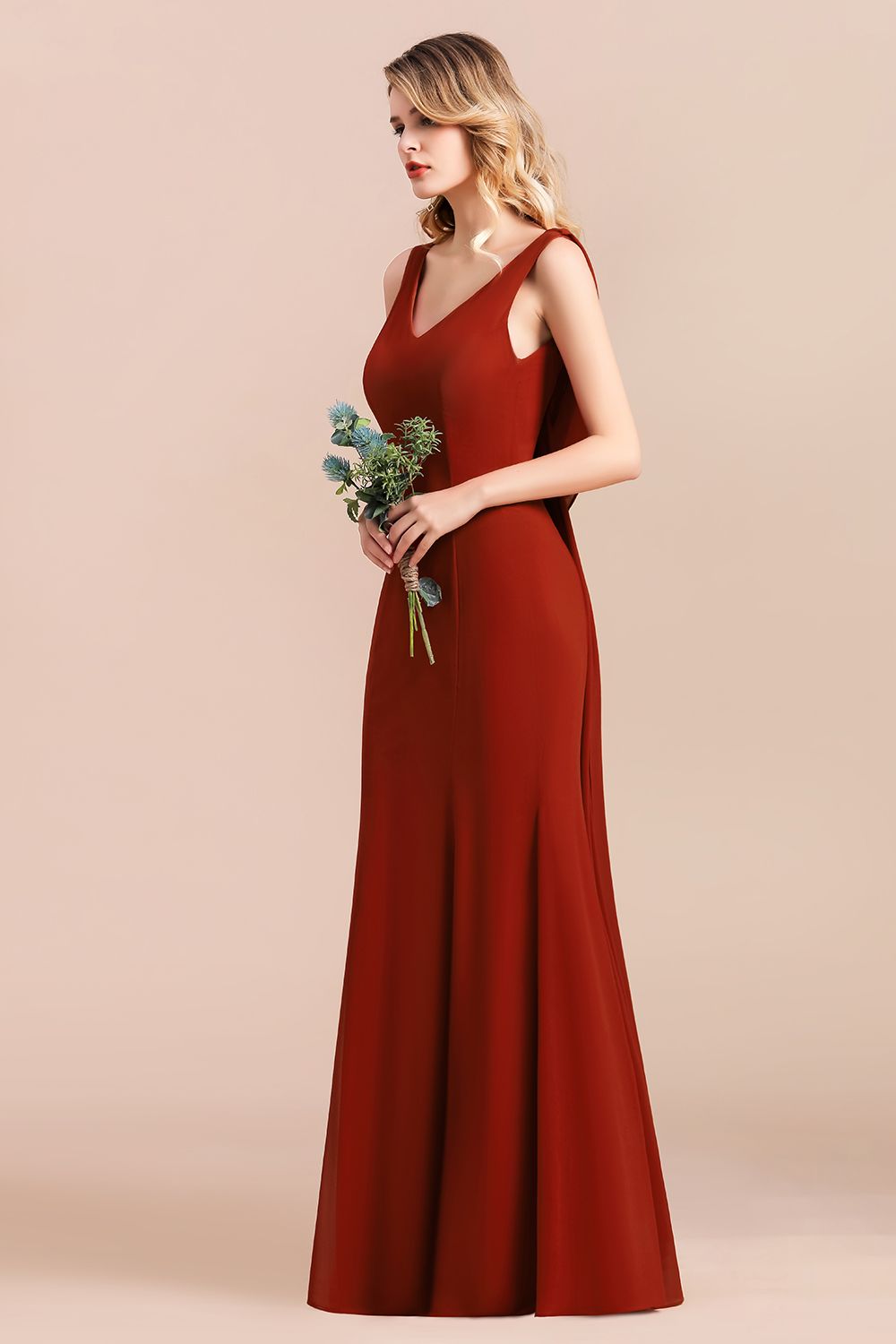 Charming Mermaid V-Neck Drapped Back Bridesmaid Dress Online-27dress