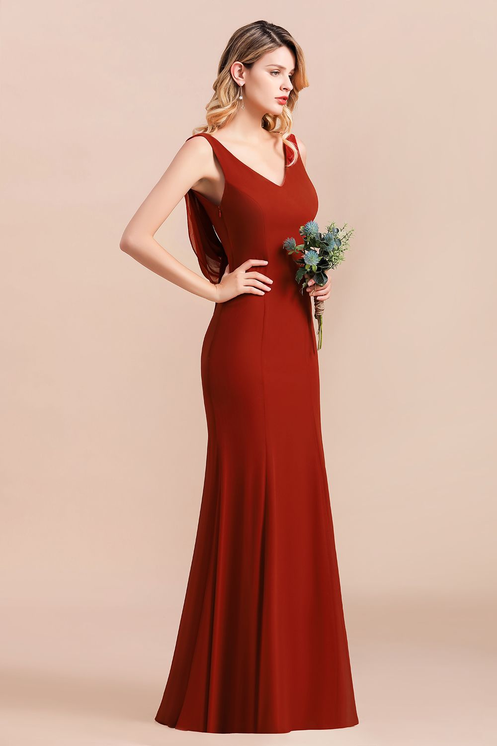 Charming Mermaid V-Neck Drapped Back Bridesmaid Dress Online-27dress