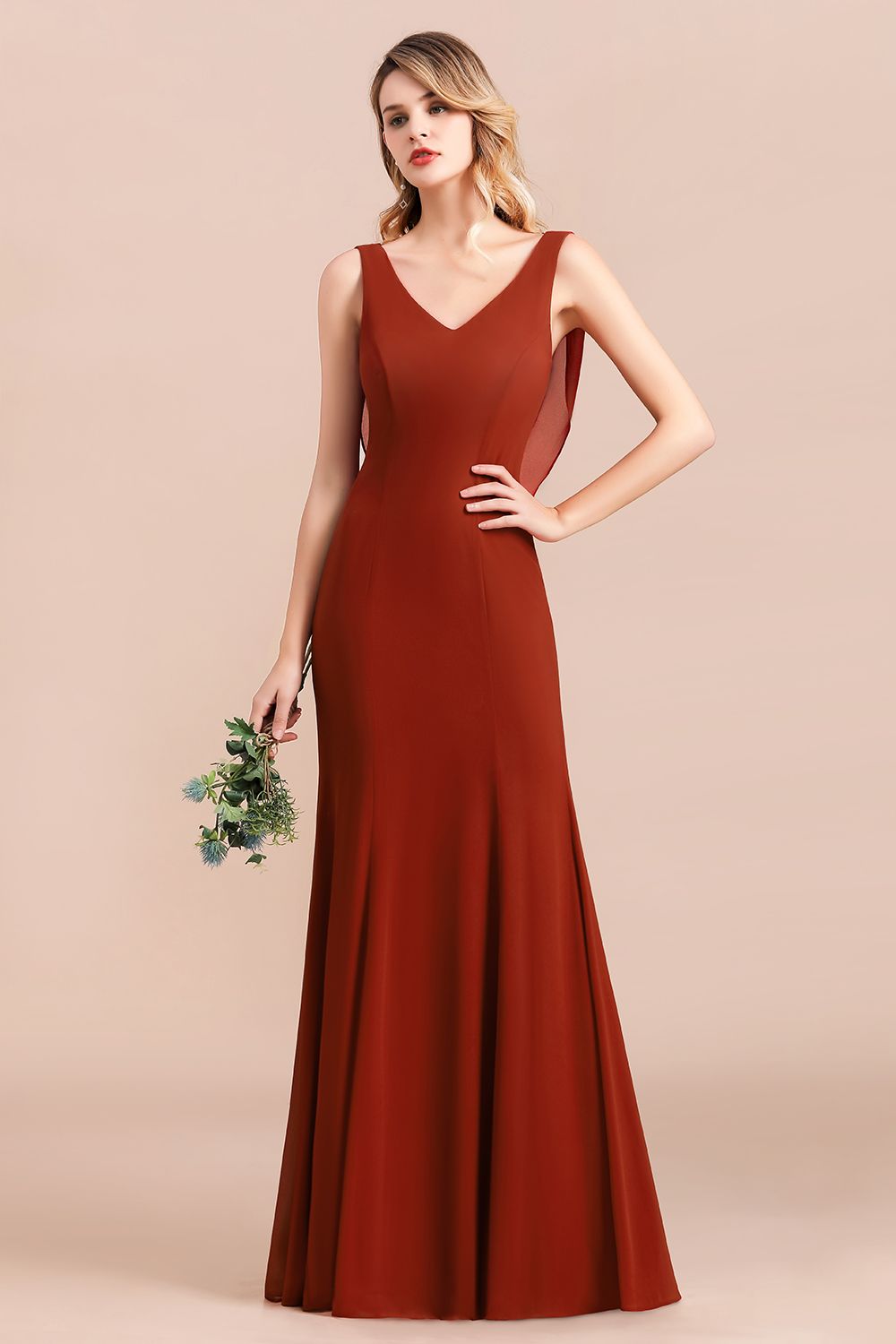 Charming Mermaid V-Neck Drapped Back Bridesmaid Dress Online-27dress