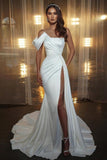 Elegant mermaid one-shoulder Satin Long Split Front Prom Dresses with Ruffles