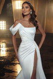 Elegant mermaid one-shoulder Satin Long Split Front Prom Dresses with Ruffles