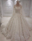 Chic A-line Jewel Longsleeves Wedding Dresses With Appliques Ivory Tulle Ruffles Bridal Gowns On Sale-27dress