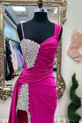 Chic Asymmertrical Fuchsia Beaded Long Porm Dress