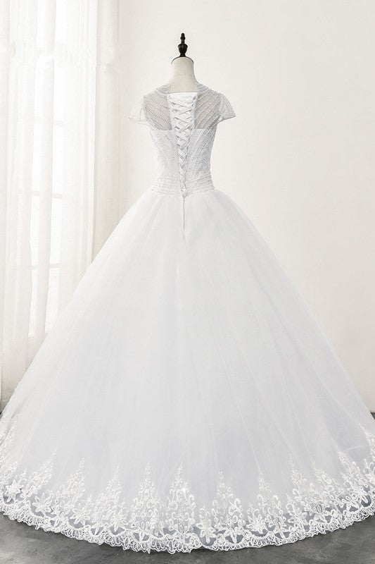 Chic Ball Gown Jewel White Tulle Lace Wedding Dress Short Sleeves Rhinestones Bridal Gowns Online-27dress