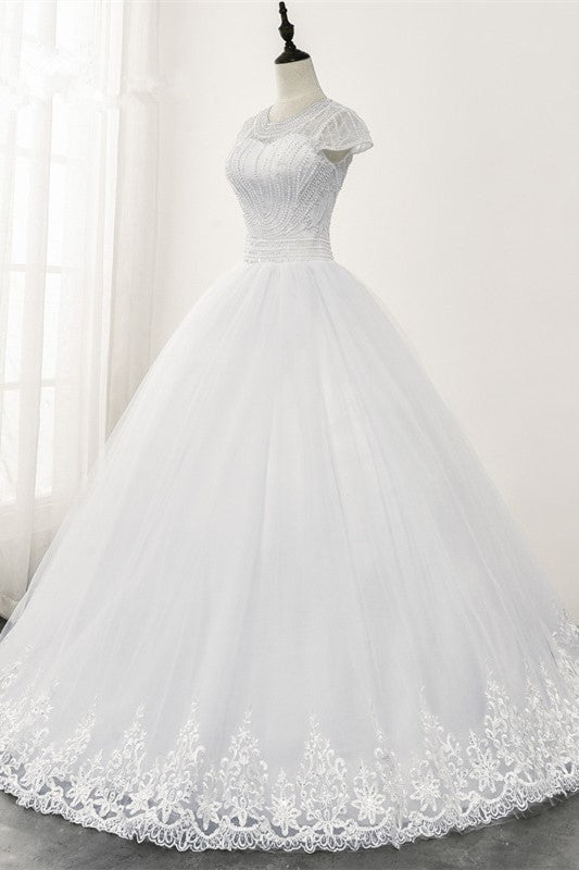 Chic Ball Gown Jewel White Tulle Lace Wedding Dress Short Sleeves Rhinestones Bridal Gowns Online-27dress