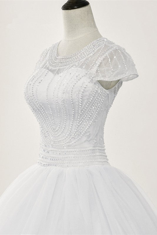 Chic Ball Gown Jewel White Tulle Lace Wedding Dress Short Sleeves Rhinestones Bridal Gowns Online-27dress